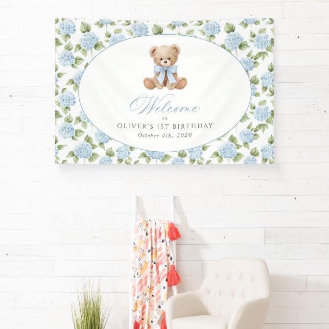 Bear, Bow, Blue Flowers, First Birthday Welcome Banner (Insitu)