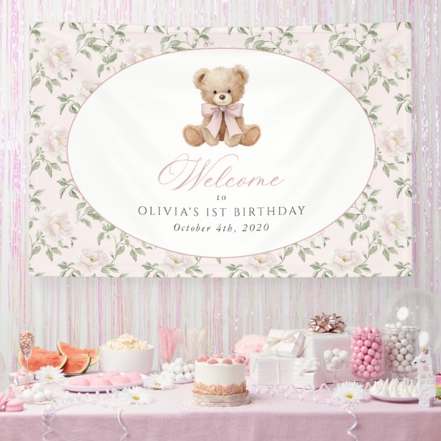 Bear, Bow, Pink Flowers, First Birthday Welcome Banner (Party)