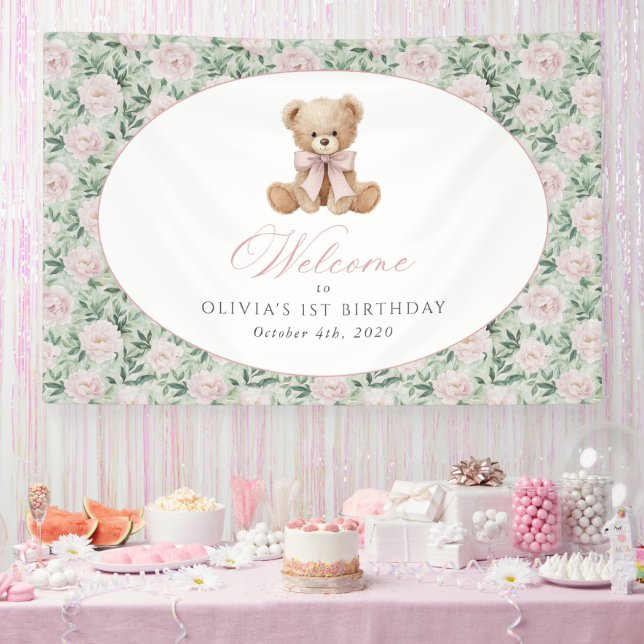 Bear, Bow, Pink Flowers, First Birthday Welcome Banner (Party)