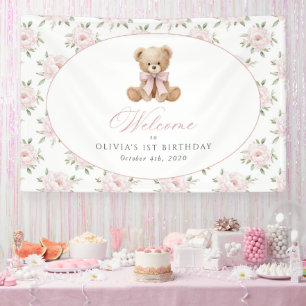 Bear, Bow, Pink Flowers, First Birthday Welcome Banner