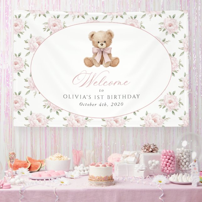 Bear, Bow, Pink Flowers, First Birthday Welcome Banner (Party)