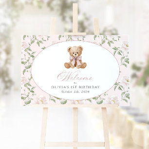 Bear, Bow, Pink Flowers, First Birthday Welcome Poster