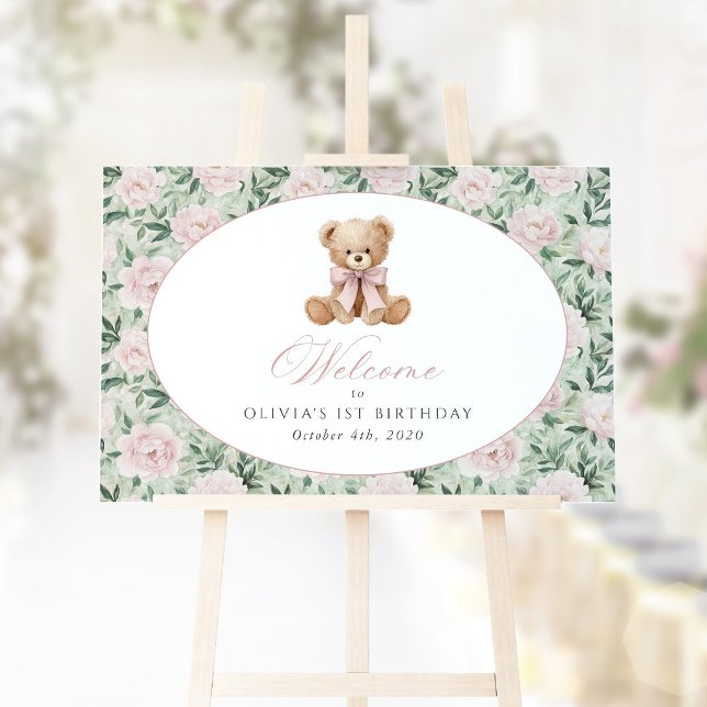 Bear, Bow, Pink Flowers, First Birthday Welcome Poster (Creator Uploaded)