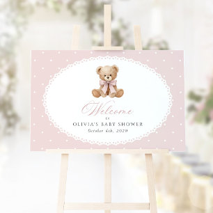 Bear, Bow, Pink Polka Dots, Baby Shower Welcome Poster