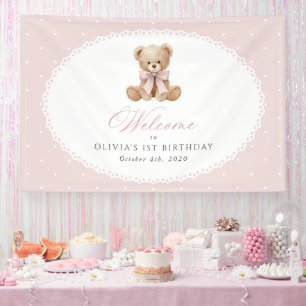 Bear, Bow, Pink Polka Dots, First Birthday Welcome Banner