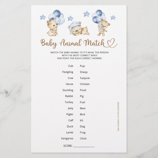 Bear boy baby shower Baby Animal Match (Front)