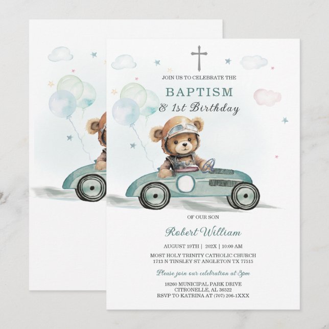 Bear Boy First Birthday and Baptism Invitation (Front/Back)