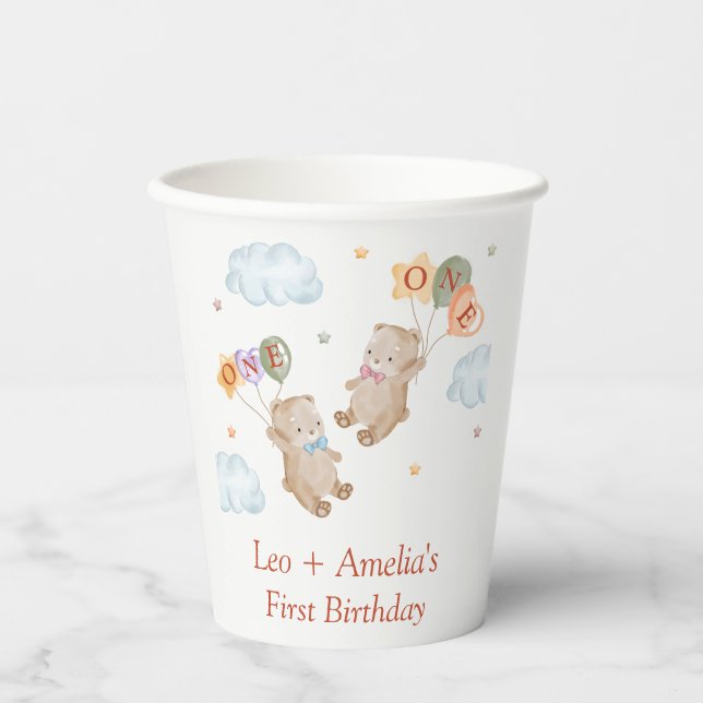 Bear Boy Girl Twins - First Birthday Party Paper Cups (Front)