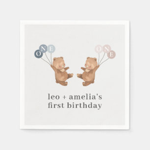 Bear Boy Girl Twins - Joint 1st Birthday Napkin