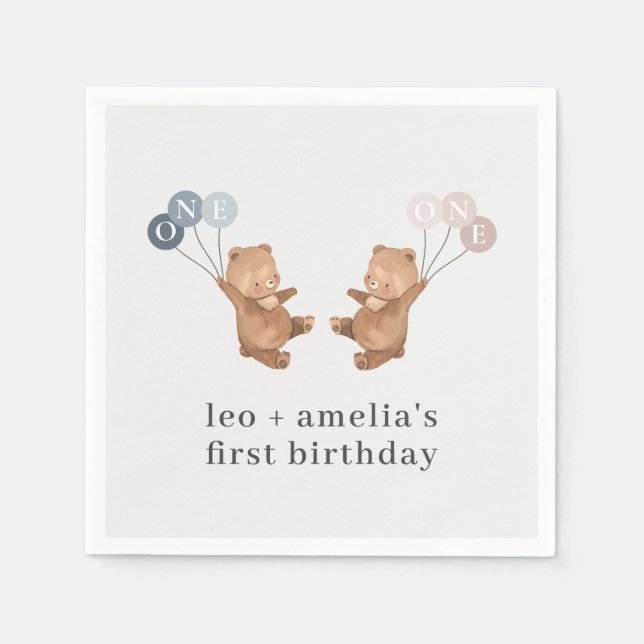 Bear Boy Girl Twins - Joint 1st Birthday Napkin (Front)