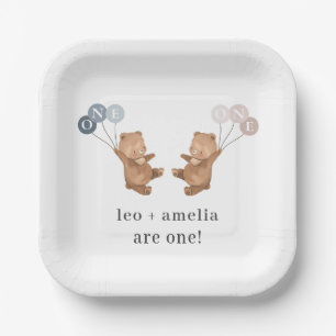 Bear Boy Girl Twins - Joint 1st Birthday Paper Plate