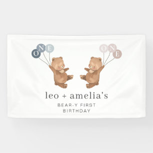 Bear Boy Girl Twins - Joint 1st Birthday Welcome Banner