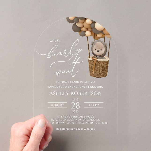 Bear, Brown Balloons, Hot Air Balloon, Baby Shower Acrylic Invitations (Insitu (Handheld))
