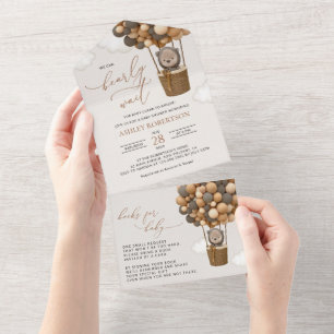 Bear, Brown Balloons, Hot Air Balloon, Baby Shower All In One Invitation