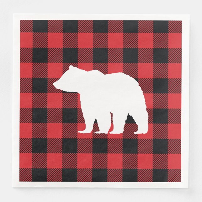 Bear Buffalo Check Red and Black Holiday Napkin (Front)