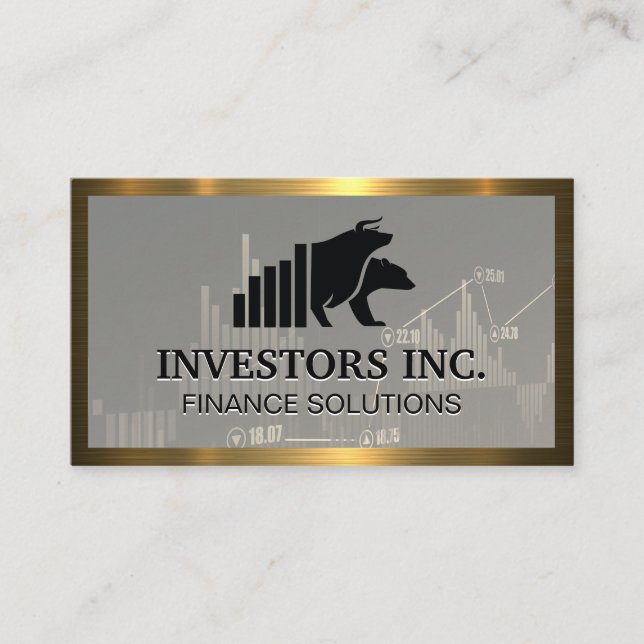 Bear Bull Logo | Stocks | Gold Border Business Card (Front)