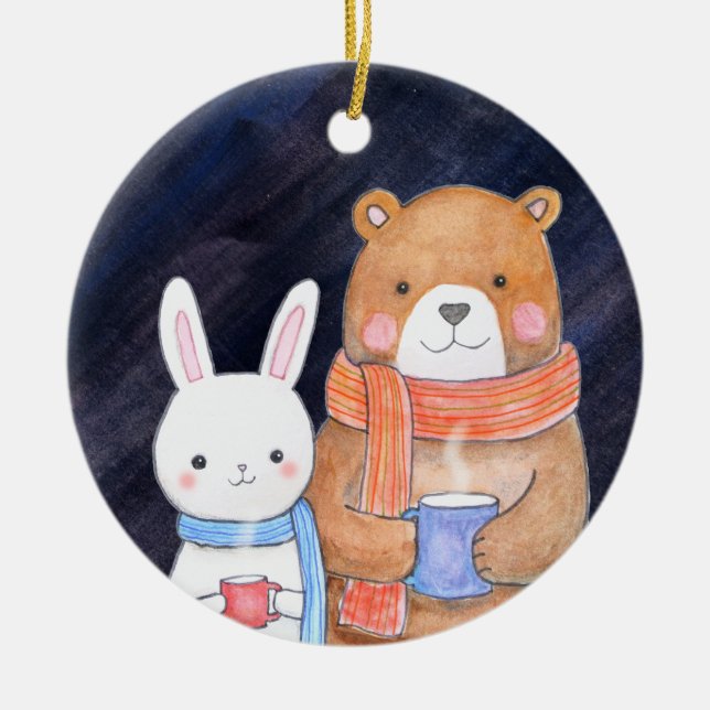 Bear & Bunny Couple Together Custom Christmas  Ceramic Ornament (Front)
