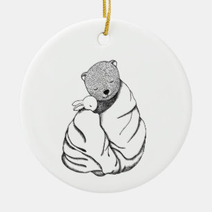 Bear & bunny in a blanket Couple First Chrismtas Ceramic Ornament