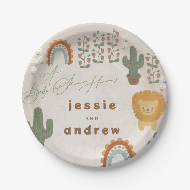 bear bunny lion cactus woodland unisex Baby Shower Paper Plate (Front)