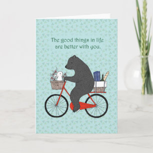 Bear & Bunny on Bicycle going to picnic cute love Card