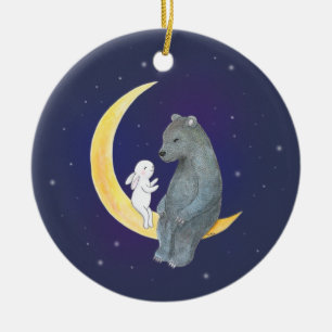Bear & Bunny on the Moon Cute Couple Custom Ceramic Ornament