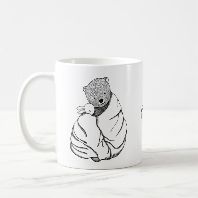Bear Bunny Rabbit in Blanket Personalized name Coffee Mug (Left)