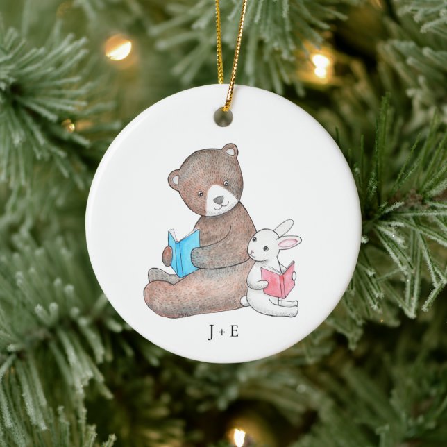 Bear & Bunny Reading Books Cute Couple Custom Name Ceramic Ornament (Tree)