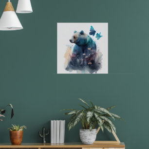 Bear Butterflies Nature Watercolor AI Illustration Poster