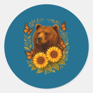 Bear Butterfly Nature Rustic Sunflower Monarch Art Classic Round Sticker