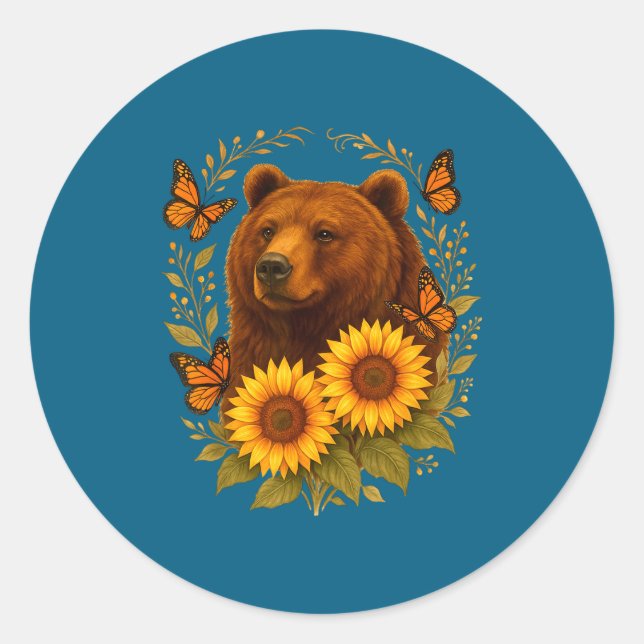 Bear Butterfly Nature Rustic Sunflower Monarch Art Classic Round Sticker (Front)