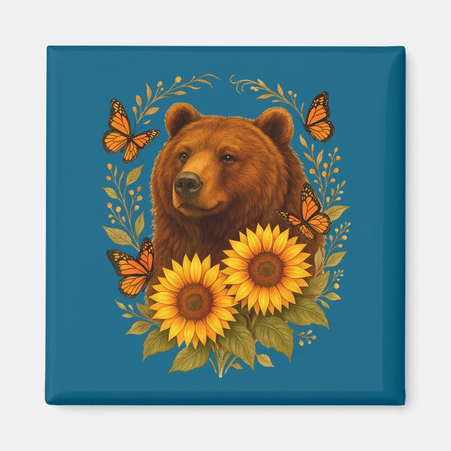 Bear Butterfly Nature Rustic Sunflower Monarch Art Magnet (Front)