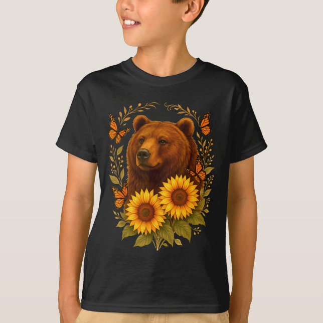 Bear Butterfly Nature Rustic Sunflower Monarch Art T-Shirt (Front)