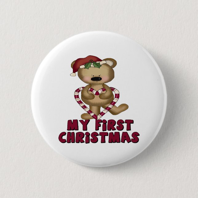 Bear & Candy Cane Baby's First Christmas 2 Inch Round Button (Front)