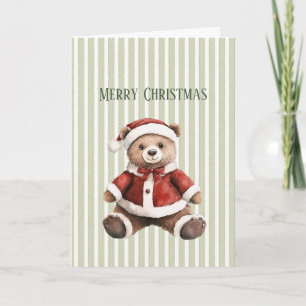 Bear Christmas Hat Green White Stripes Card
