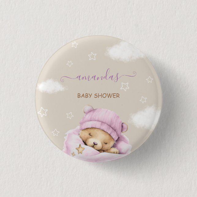 Bear clouds baby girl shower  1 inch round button (Front)