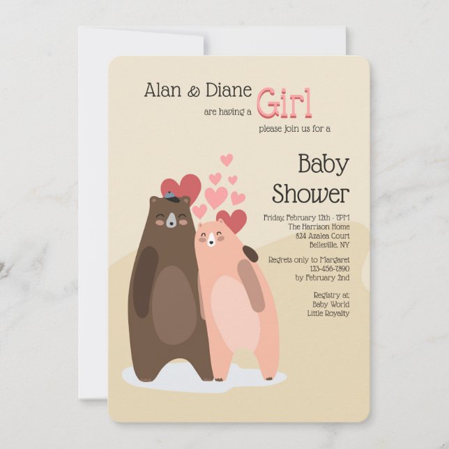 Bear Couple Girl Baby Shower Invitation (Front)