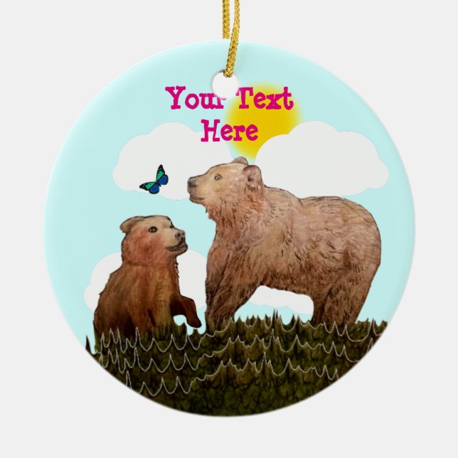 Bear Cub and Mother with Butterfly Ceramic Ornament (Front)
