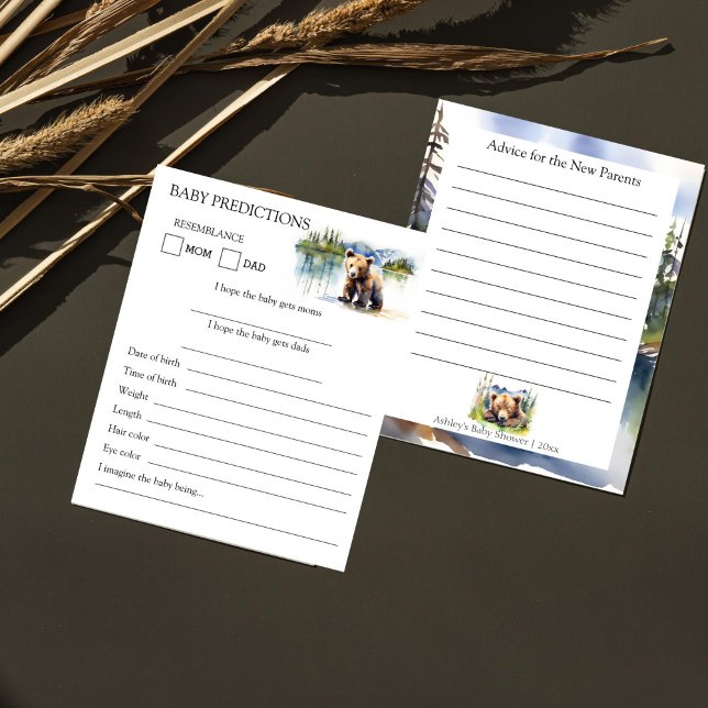 Bear cub aventure bébé prédiction et carte de cons (Adventure awaits bear cub baby shower games baby predictions and advice card two in one game)