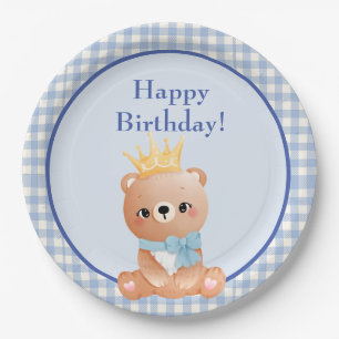 Bear Cub Blue Chequered Happy Birthday Paper Plate