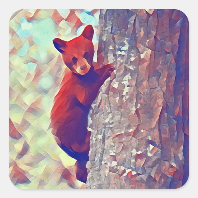 Bear cub climbing tree square sticker (Front)