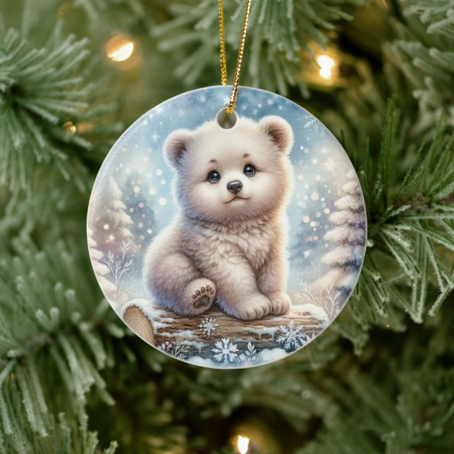 Bear Cub in Winter Woods Ceramic Ornament (Tree)