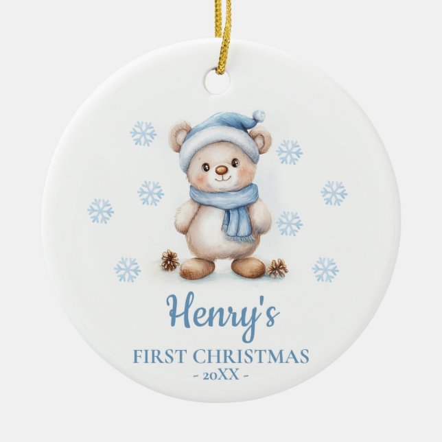 Bear Cub Personalized Baby's First Christmas Ceramic Ornament (Front)