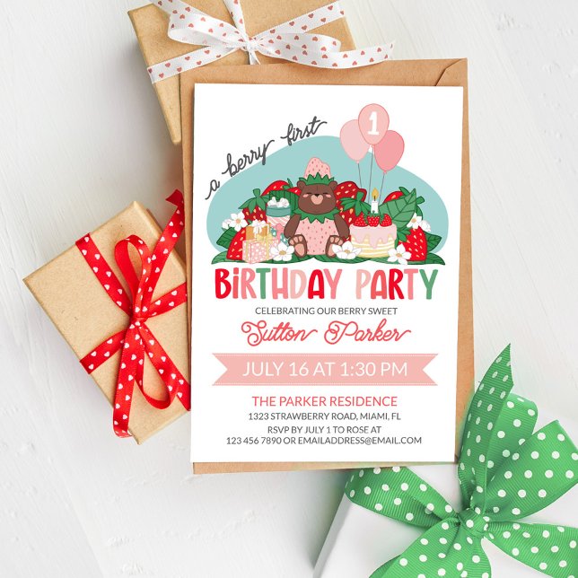 Bear Cub Pink Strawberry Berry 1st Birthday Party Invitation (Creator Uploaded)