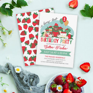 Bear Cub Red Strawberry Berry 1st Birthday Party Invitation