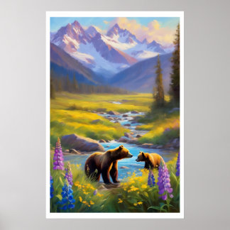 Bear Cub Snow Mountain Meadow Wildflowers Painting Poster