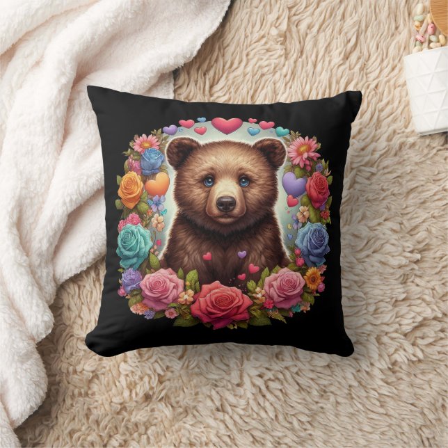 Bear Cub Surrounded by Roses and Hearts Throw Pillow (Blanket)