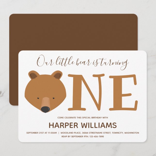 Bear Cub Turning One Cute First Birthday Invitatio Invitation (Front/Back)