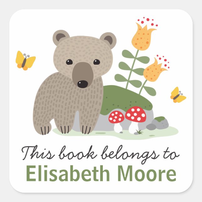 Bear cub with flowers and buttflies bookplate book square sticker (Front)