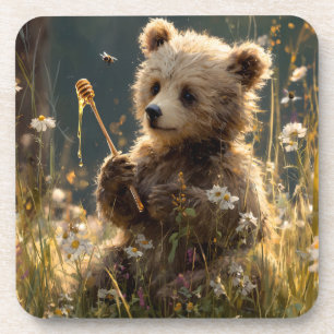 Bear Cub with Honey in a Wildflower Meadow Coaster