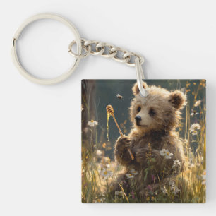 Bear Cub with Honey in a Wildflower Meadow Keychain